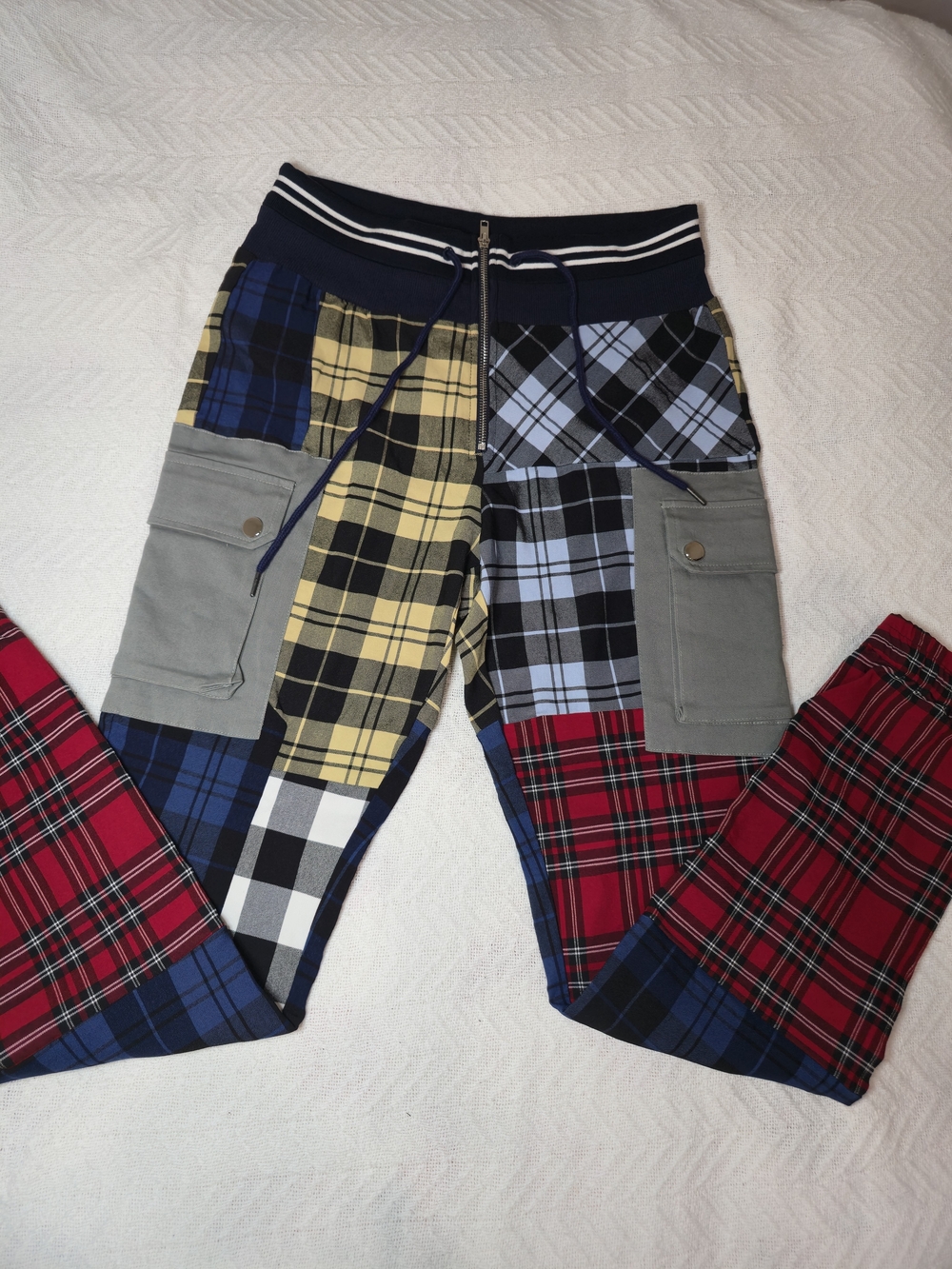 AKIRA Multicolor Patchwork Plaid Cargo Joggers - Red, Blue, Yellow, Gray